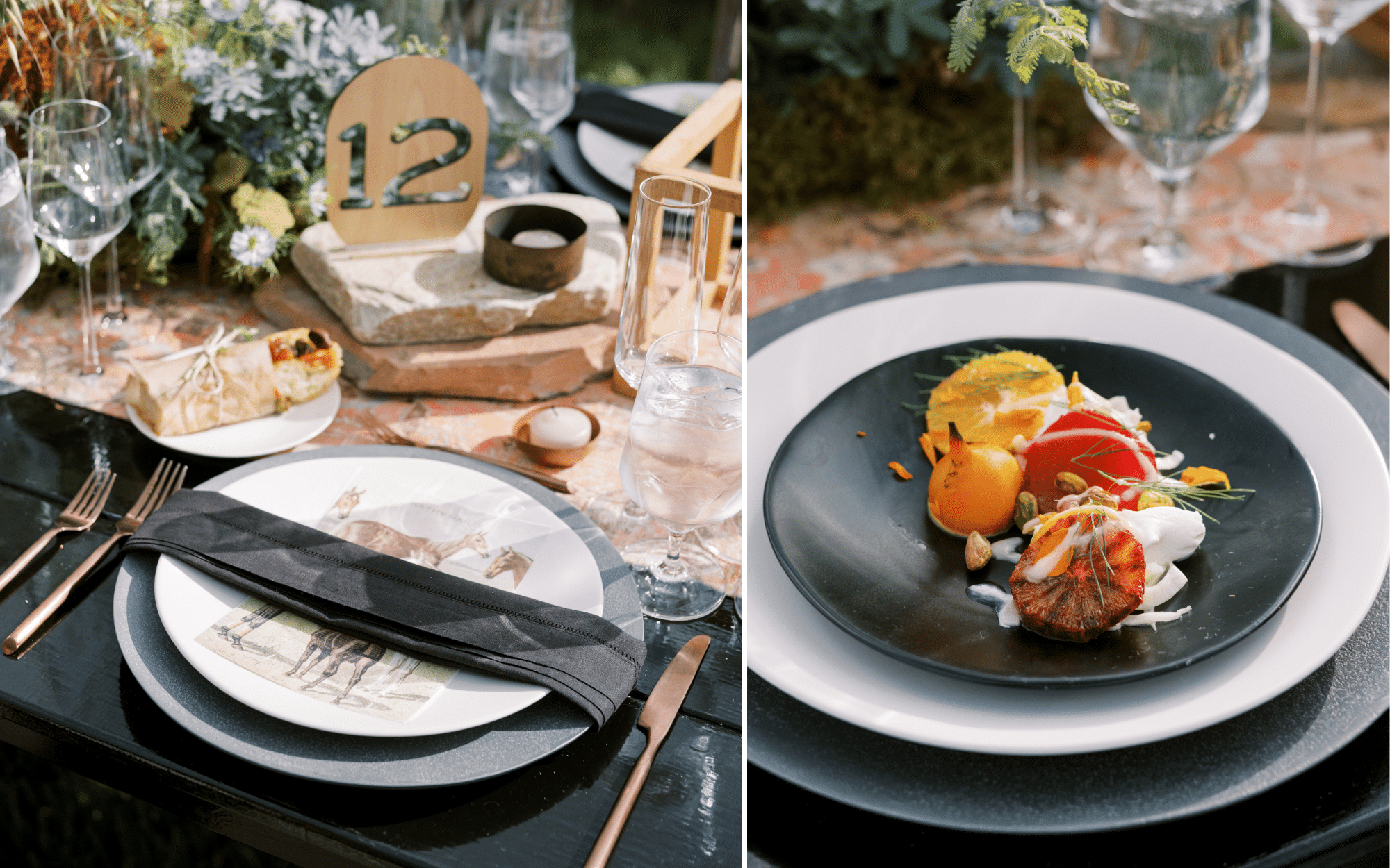 black plates, beet salad, western dinner