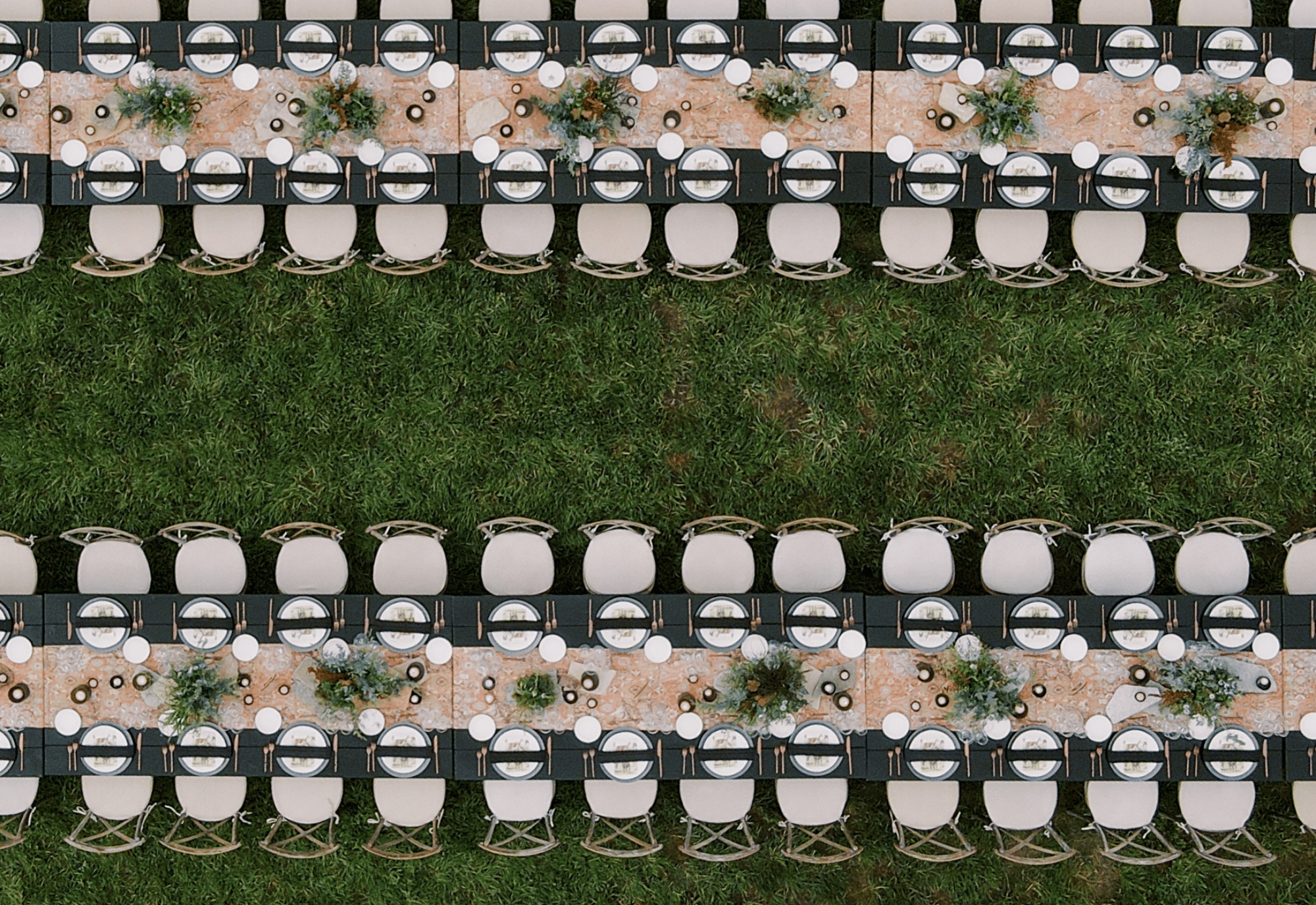 Best catered wedding of the year, 4U ranch, Catie award, row of tables, overhead view, drone